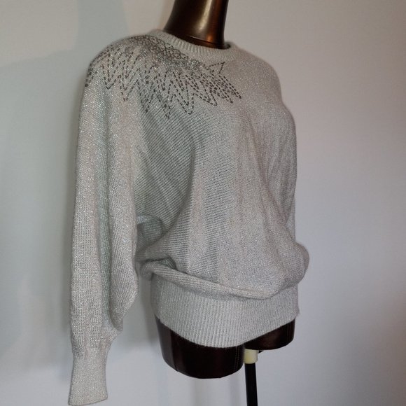 crew-neck silver metalic thread acrylic sweater sequin and beaded vintage 1980s - Picture 11 of 16